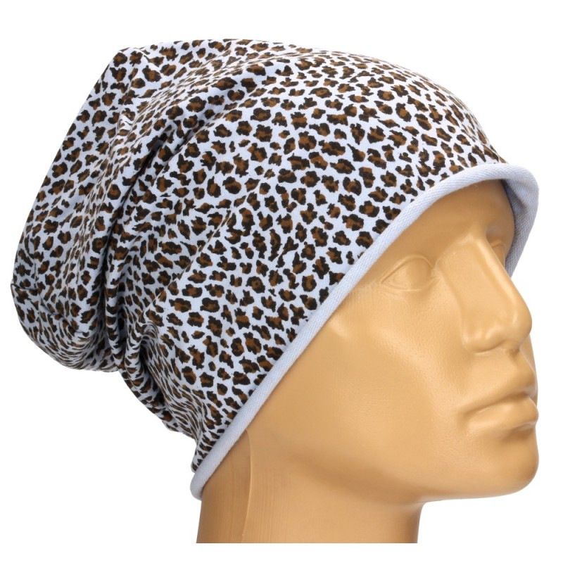 Czapka damska Beanie włoska cienka smerfetka jasnoniebieska w panterkę