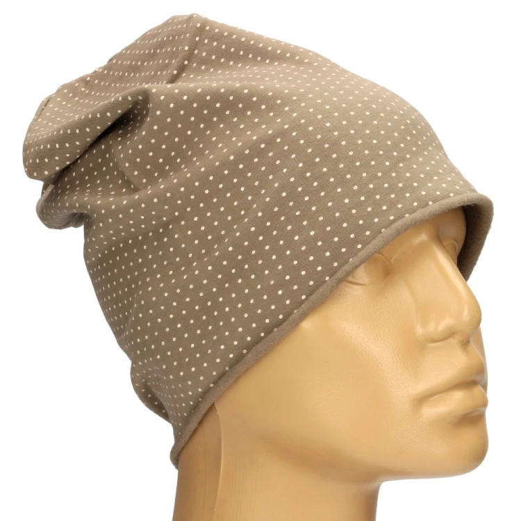 Czapka damska Beanie włoska cienka smerfetka ciemnobeżowa w kropeczki