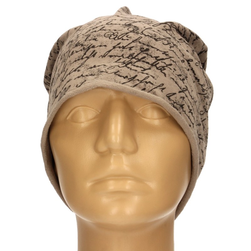 Czapka damska Beanie włoska cienka smerfetka beżowa w czarne napisy