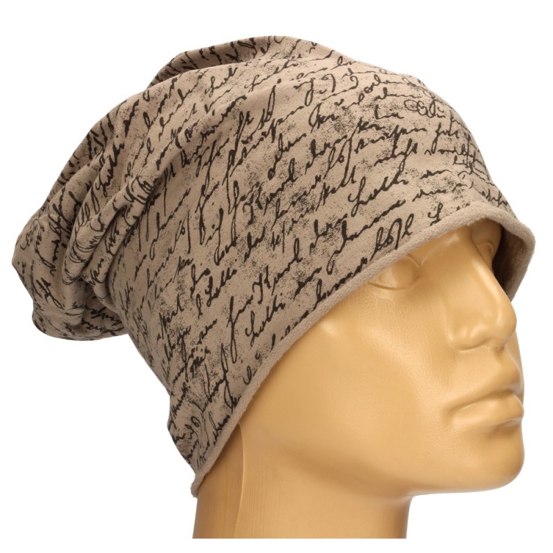 Czapka damska Beanie włoska cienka smerfetka beżowa w czarne napisy
