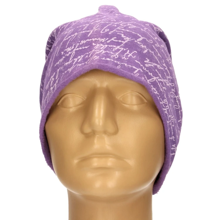 Czapka damska Beanie włoska cienka smerfetka fioletowa w białe napisy