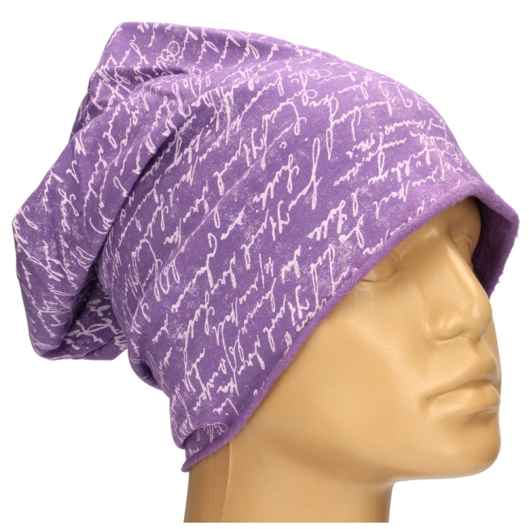 Czapka damska Beanie włoska cienka smerfetka fioletowa w białe napisy