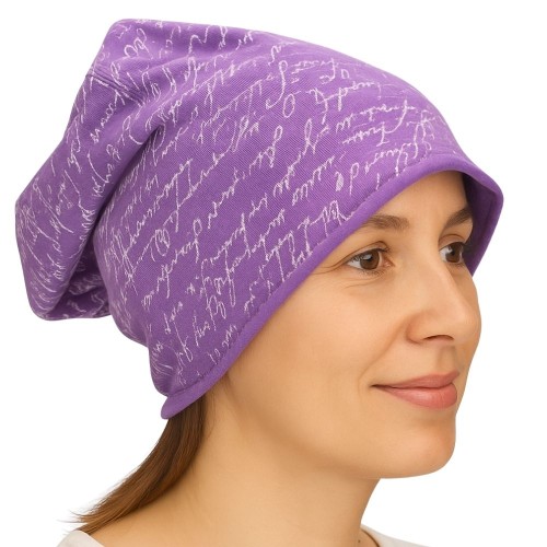 Czapka damska Beanie włoska cienka smerfetka fioletowa w białe napisy