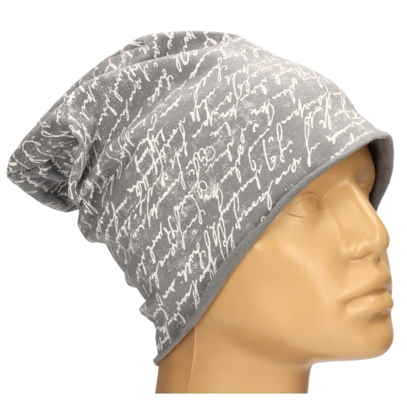 Czapka damska Beanie włoska cienka smerfetka szara w białe napisy