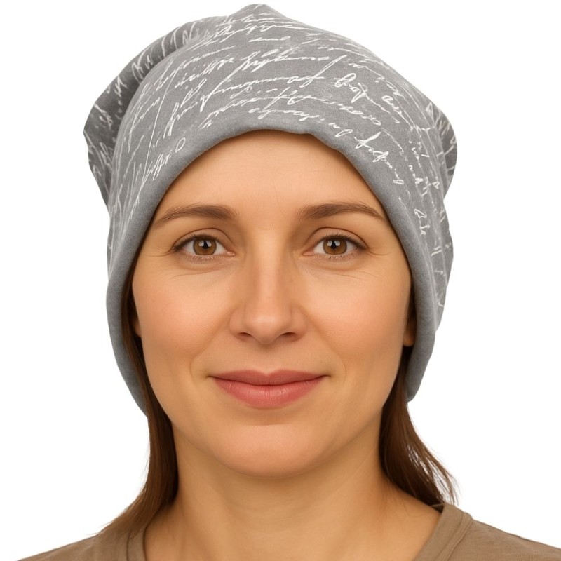 Czapka damska Beanie włoska cienka smerfetka szara w białe napisy