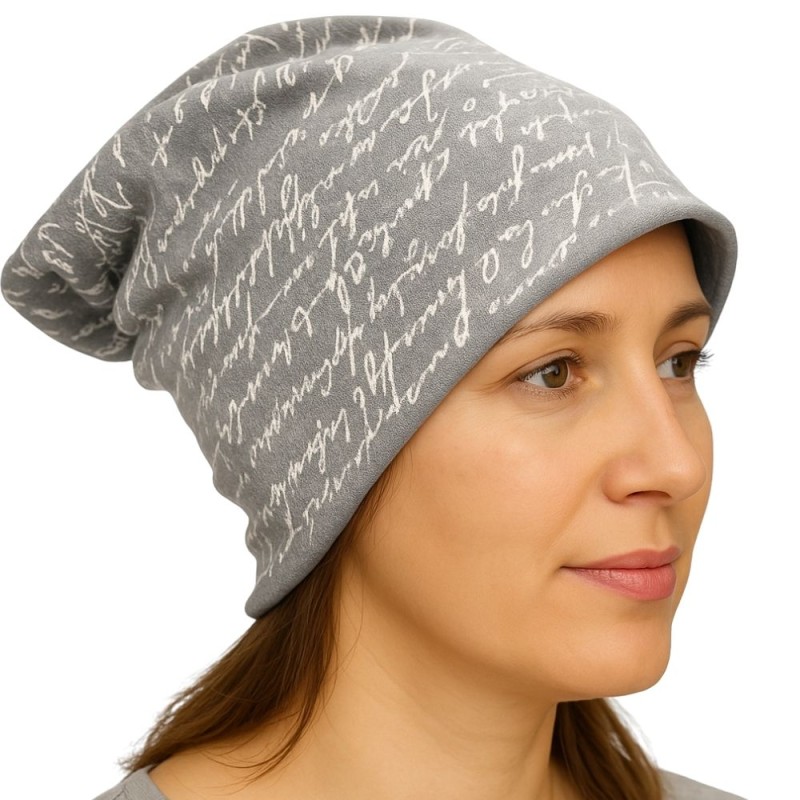 Czapka damska Beanie włoska cienka smerfetka szara w białe napisy
