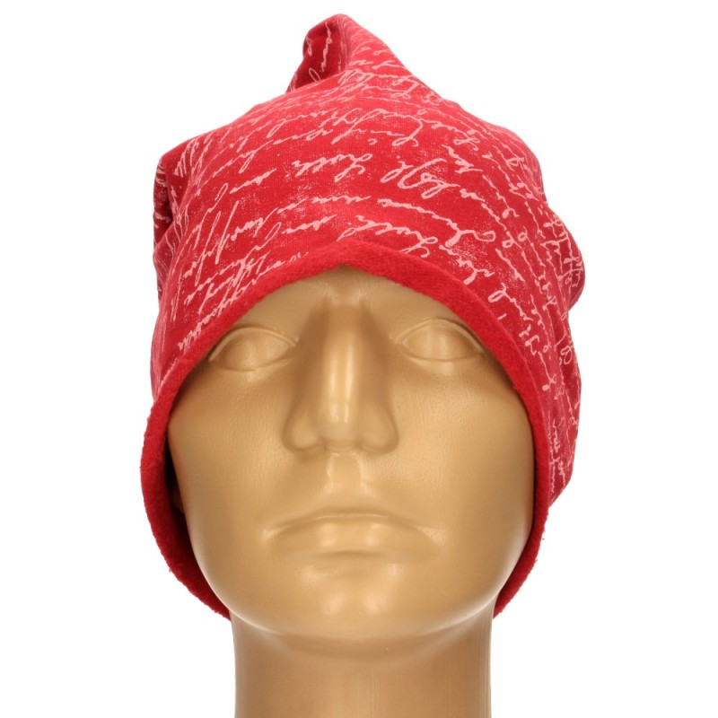 Czapka damska Beanie włoska cienka smerfetka czerwona w jasne napisy