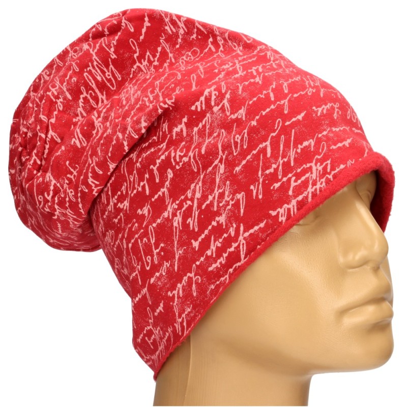 Czapka damska Beanie włoska cienka smerfetka czerwona w jasne napisy