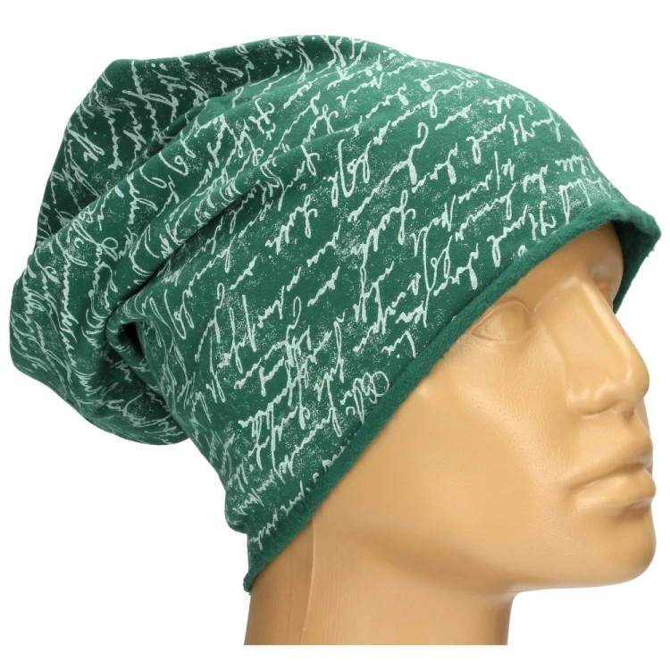 Czapka damska Beanie włoska cienka smerfetka zielona w białe napisy