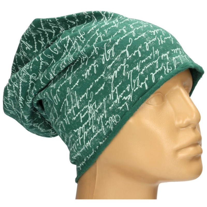 Czapka damska Beanie włoska cienka smerfetka zielona w białe napisy