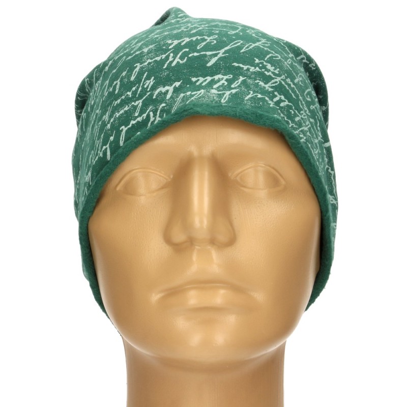 Czapka damska Beanie włoska cienka smerfetka zielona w białe napisy