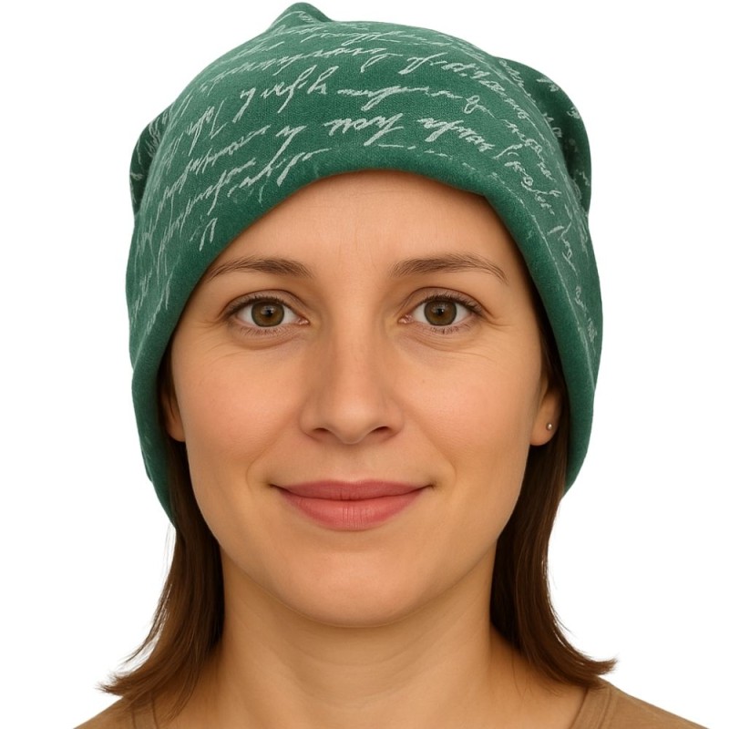 Czapka damska Beanie włoska cienka smerfetka zielona w białe napisy