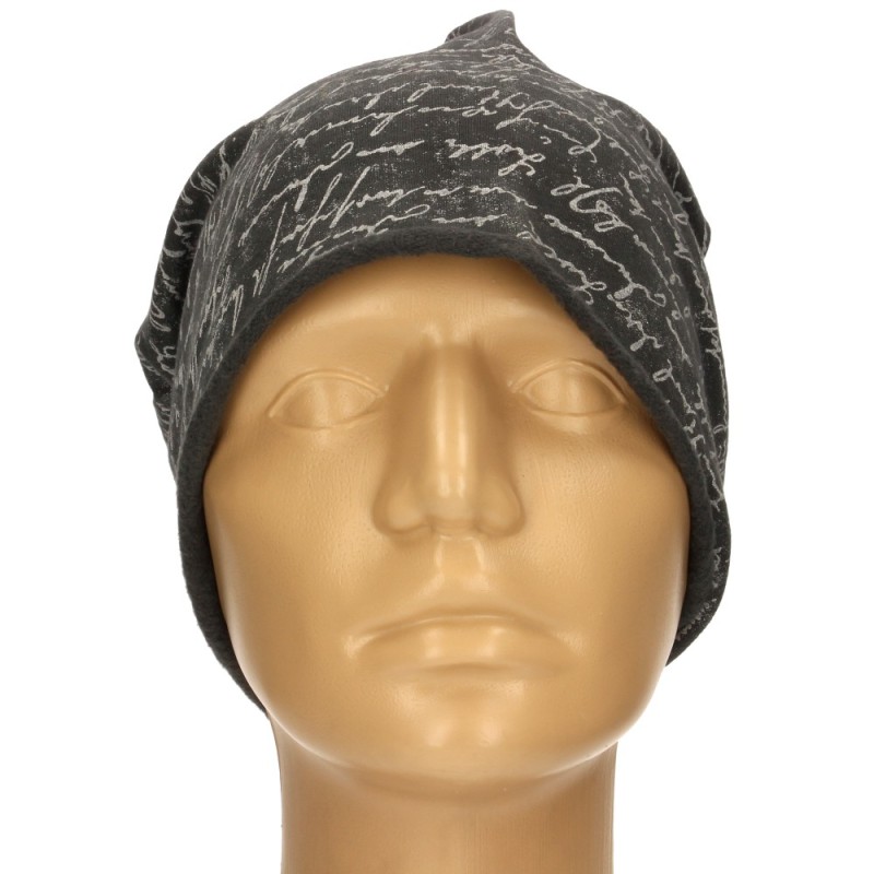 Czapka damska Beanie włoska cienka smerfetka ciemnoszara w jasne napisy