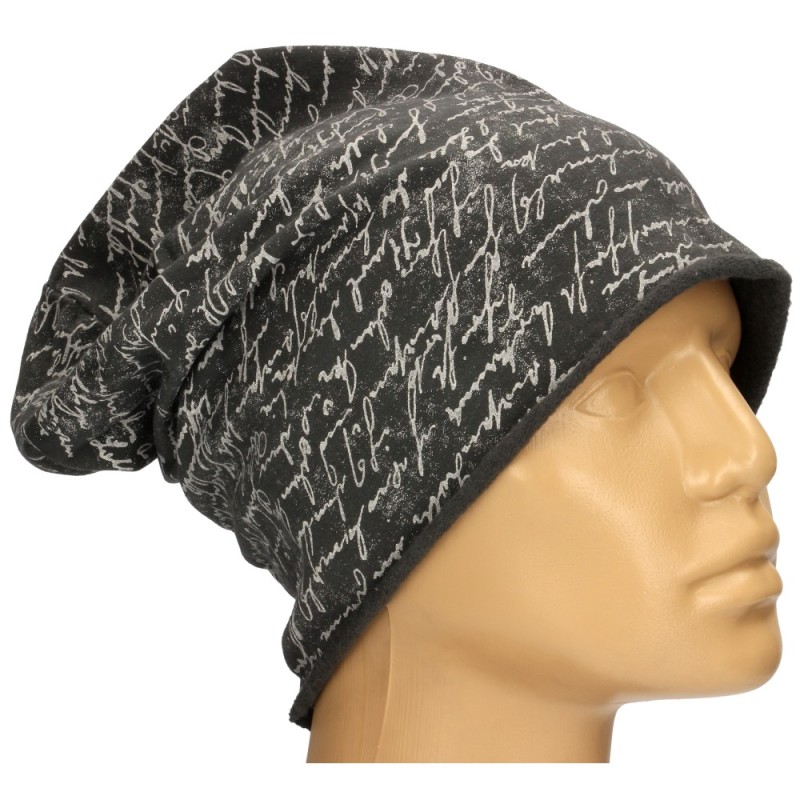 Czapka damska Beanie włoska cienka smerfetka ciemnoszara w jasne napisy