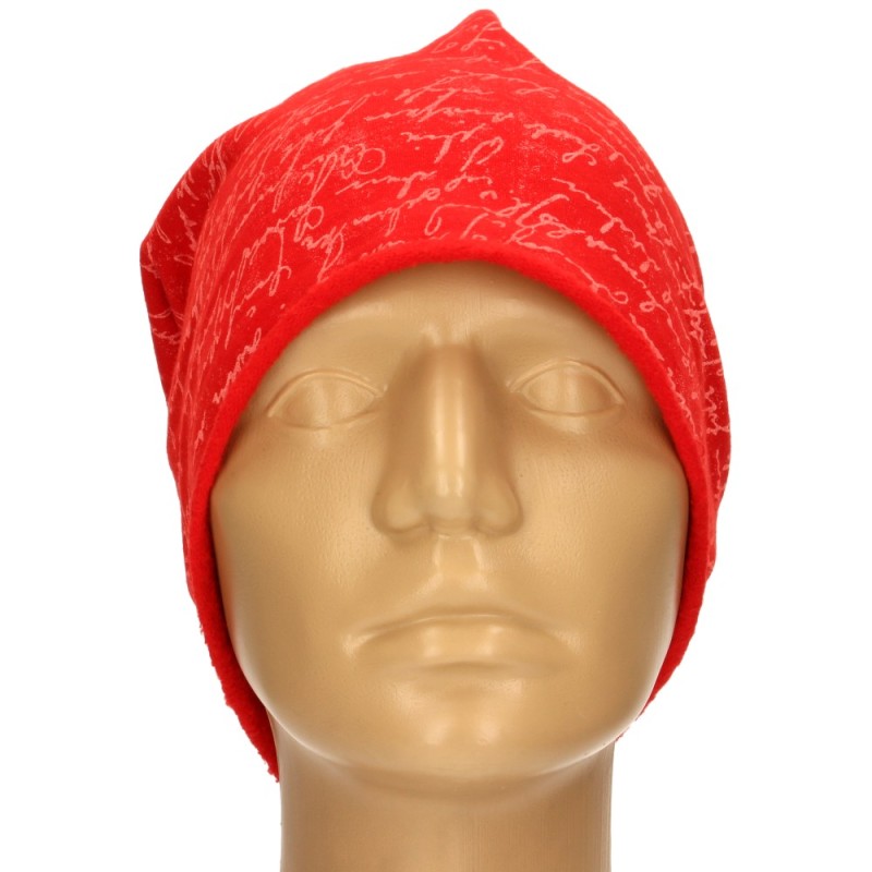 Czapka damska Beanie włoska cienka smerfetka czerwona w jasne napisy