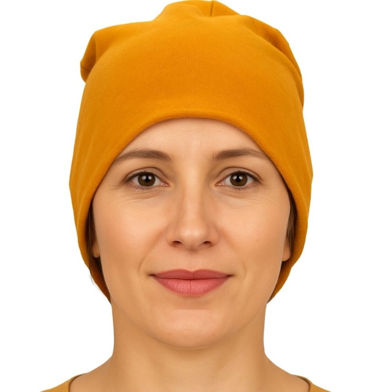 Czapka damska Beanie włoska cienka smerfetka jednolita musztardowa