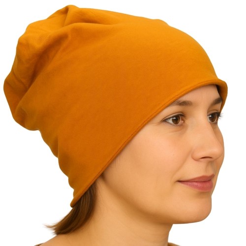 Czapka damska Beanie włoska cienka smerfetka jednolita musztardowa