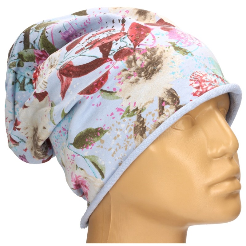 Czapka damska Beanie włoska cienka smerfetka niebieska w kolorowe kwiaty