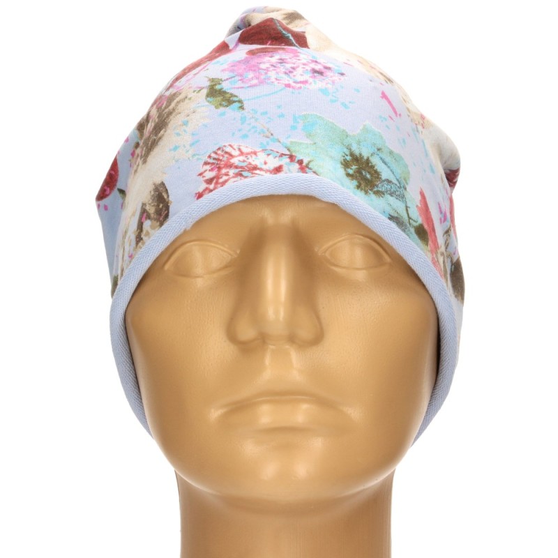Czapka damska Beanie włoska cienka smerfetka niebieska w kolorowe kwiaty