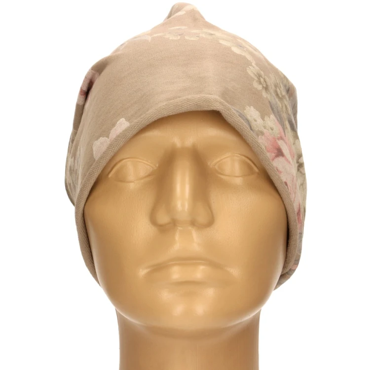 Czapka damska Beanie włoska cienka smerfetka ciemnobeżowa w kwiaty