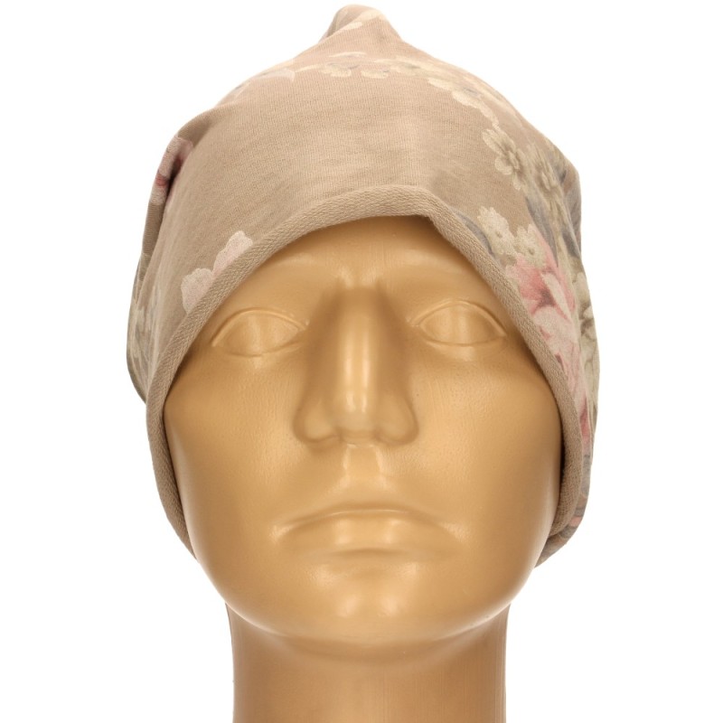 Czapka damska Beanie włoska cienka smerfetka ciemnobeżowa w kwiaty