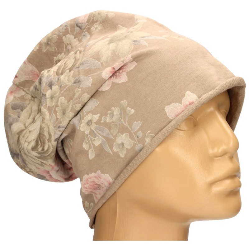 Czapka damska Beanie włoska cienka smerfetka ciemnobeżowa w kwiaty