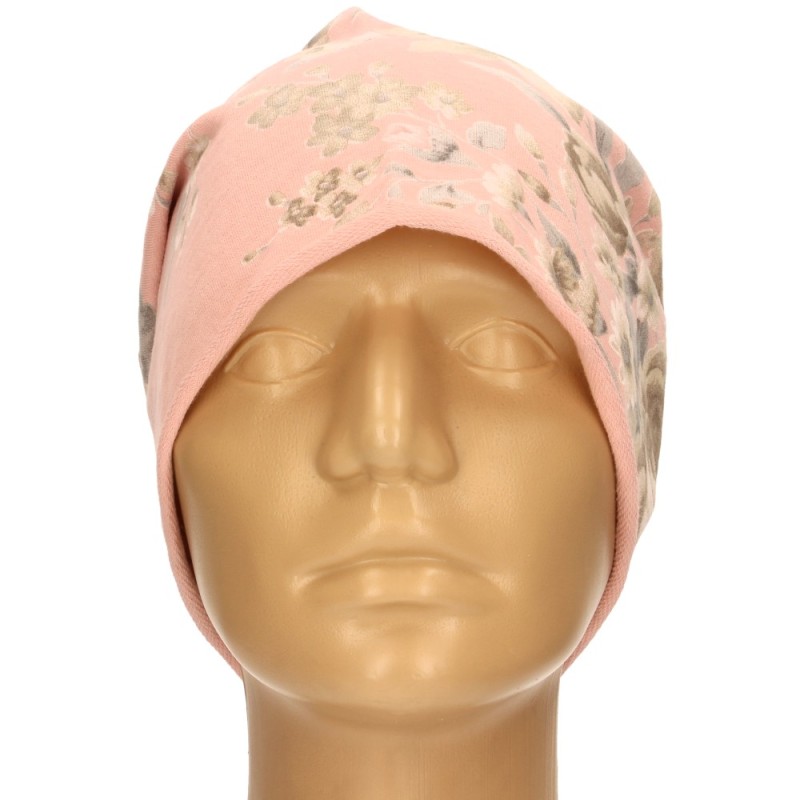 Czapka damska Beanie włoska cienka smerfetka jasnoróżowa w kwiaty