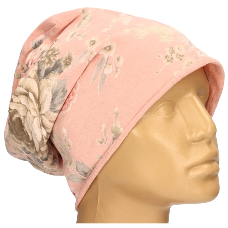 Czapka damska Beanie włoska cienka smerfetka jasnoróżowa w kwiaty