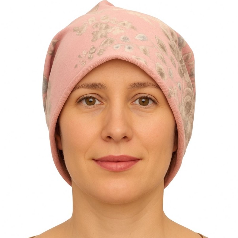 Czapka damska Beanie włoska cienka smerfetka jasnoróżowa w kwiaty