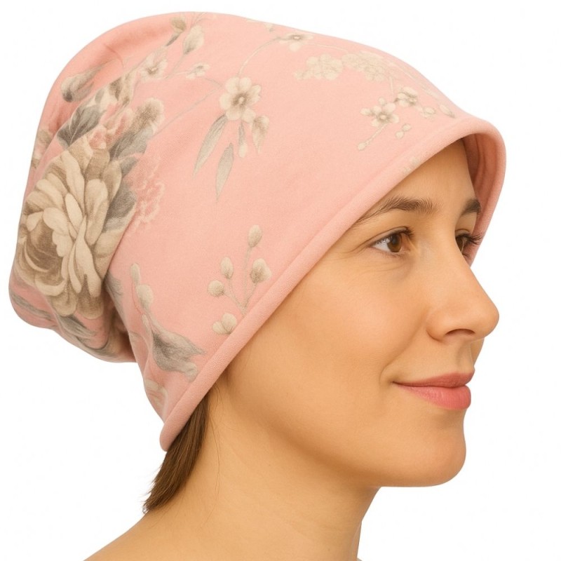 Czapka damska Beanie włoska cienka smerfetka jasnoróżowa w kwiaty