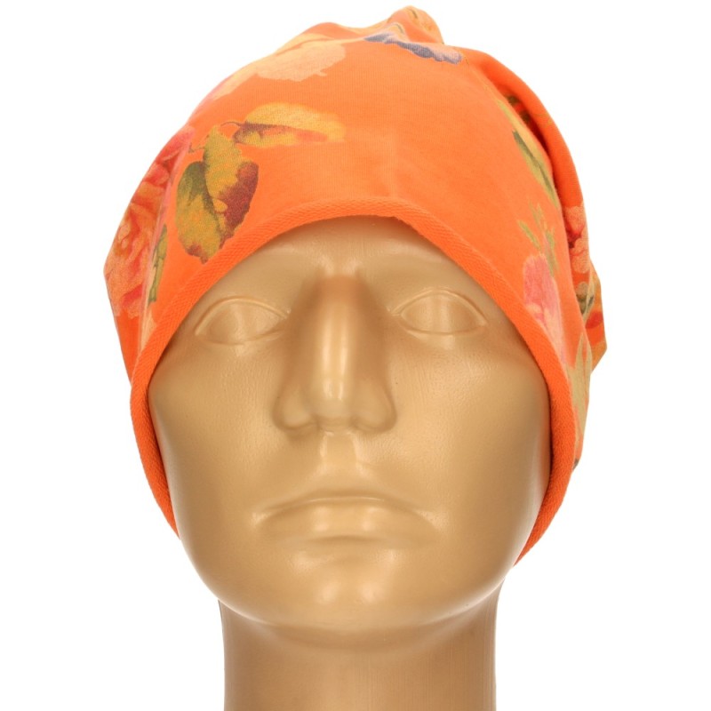 Czapka damska Beanie włoska cienka smerfetka pomarańczowa w kolorowe kwiaty