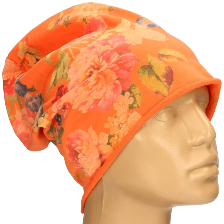 Czapka damska Beanie włoska cienka smerfetka pomarańczowa w kolorowe kwiaty