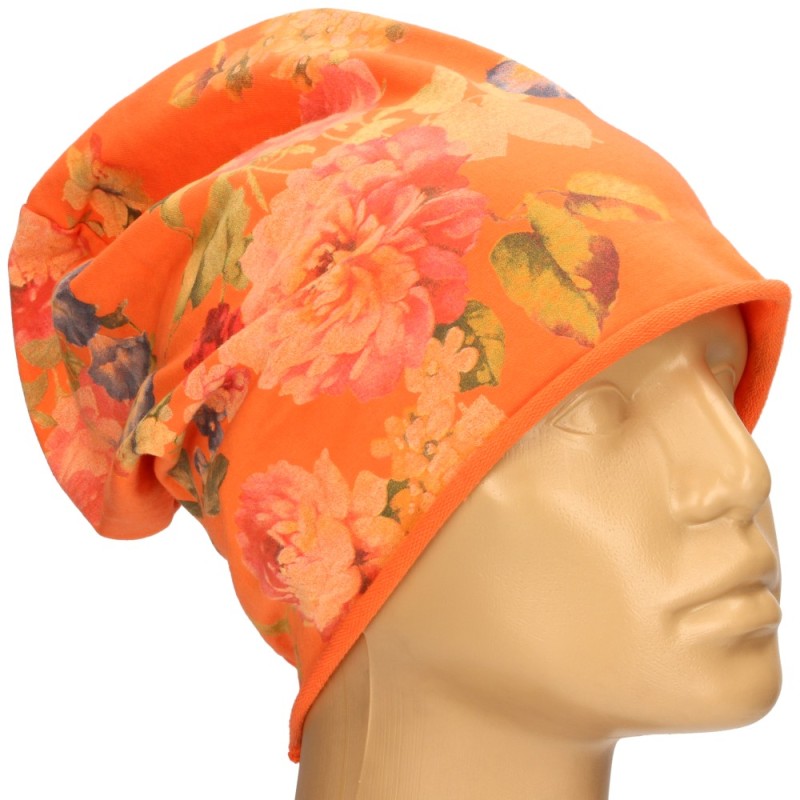 Czapka damska Beanie włoska cienka smerfetka pomarańczowa w kolorowe kwiaty