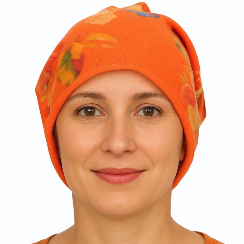 Czapka damska Beanie włoska cienka smerfetka pomarańczowa w kolorowe kwiaty
