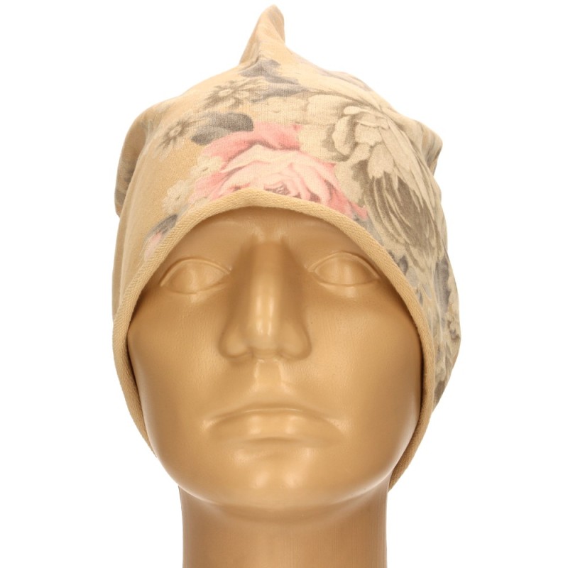Czapka damska Beanie włoska cienka smerfetka beżowa w kwiaty