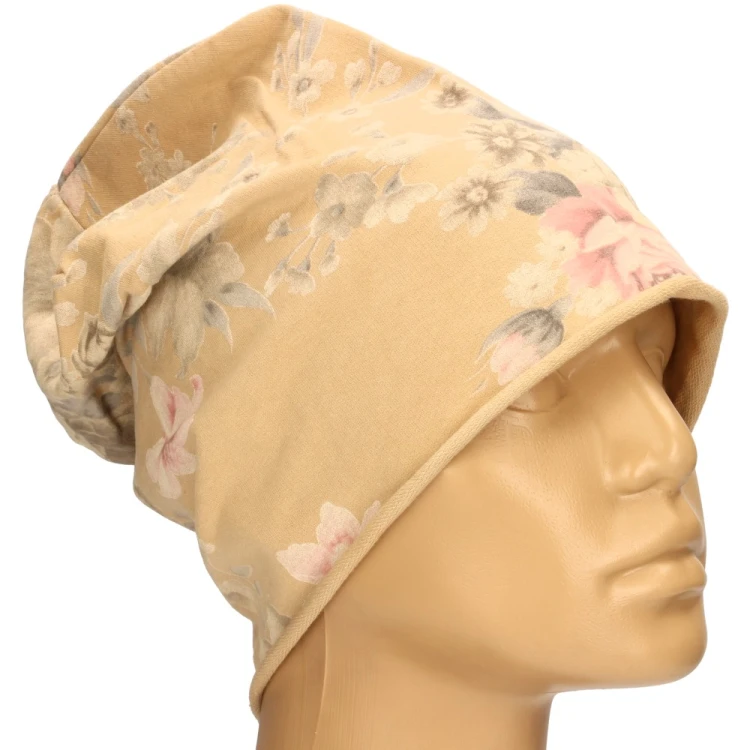 Czapka damska Beanie włoska cienka smerfetka beżowa w kwiaty