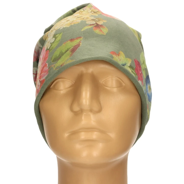 Czapka damska Beanie włoska cienka smerfetka ciemnozielona w kolorowe kwiaty