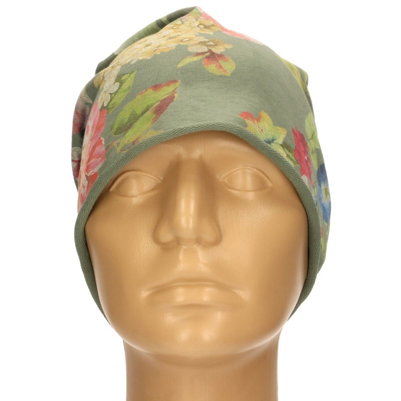 Czapka damska Beanie włoska cienka smerfetka ciemnozielona w kolorowe kwiaty