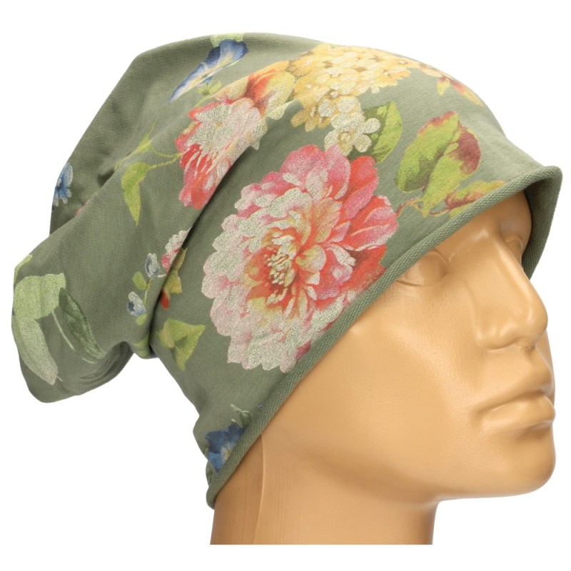 Czapka damska Beanie włoska cienka smerfetka ciemnozielona w kolorowe kwiaty