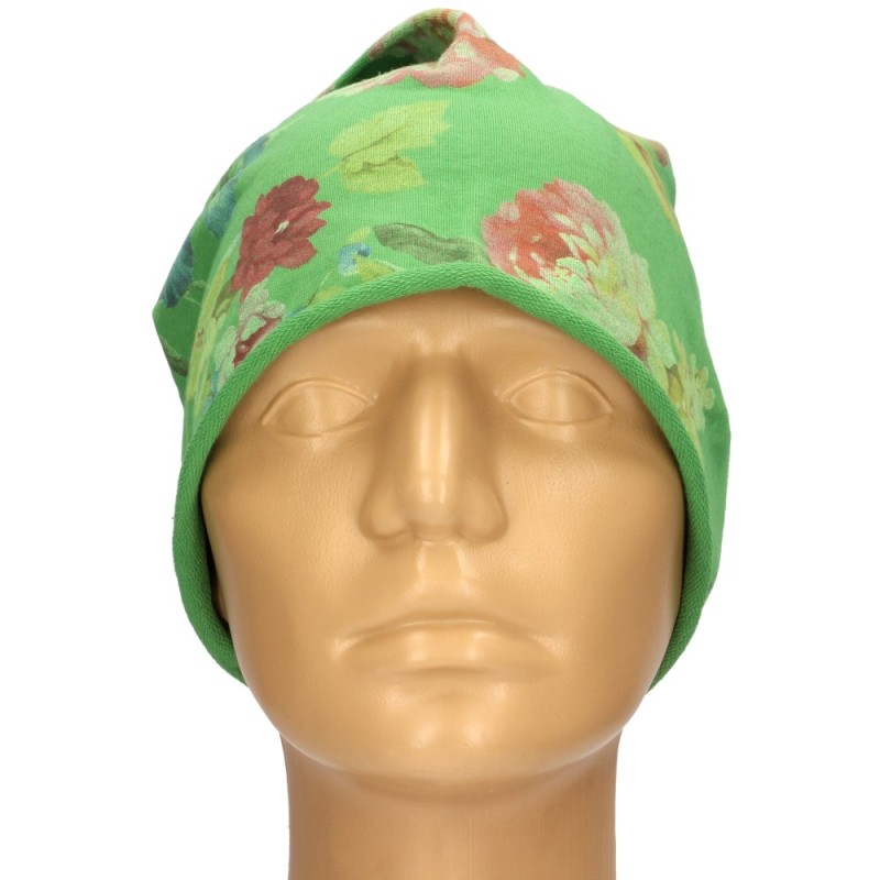 Czapka damska Beanie włoska cienka smerfetka zielona w kolorowe kwiaty