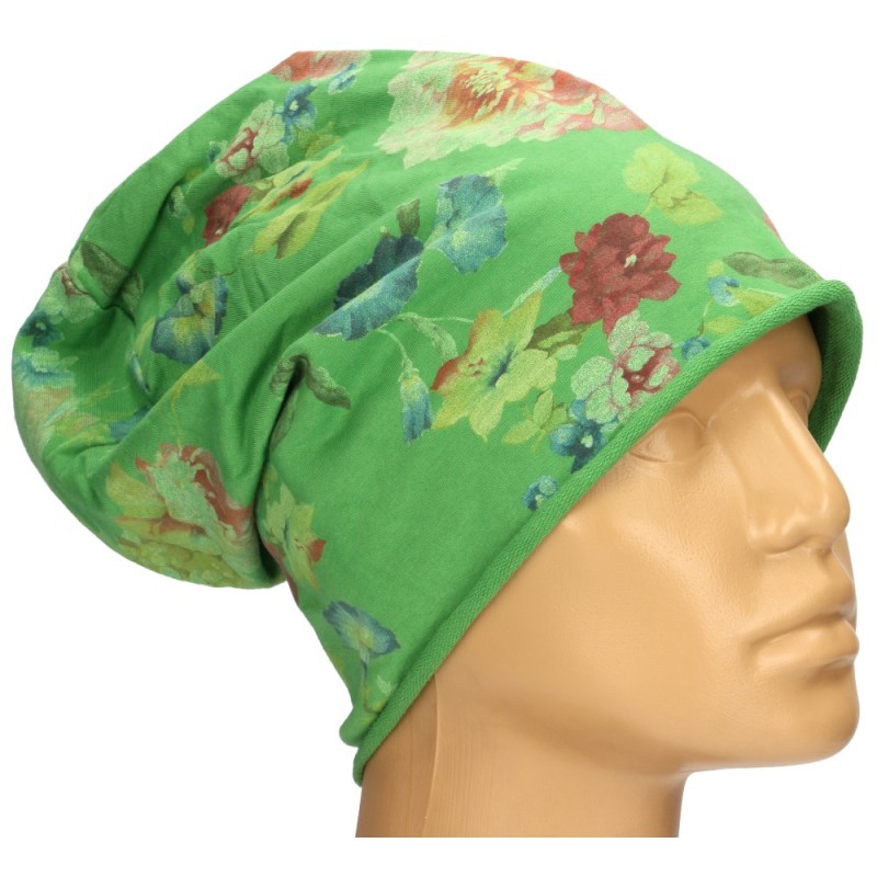 Czapka damska Beanie włoska cienka smerfetka zielona w kolorowe kwiaty