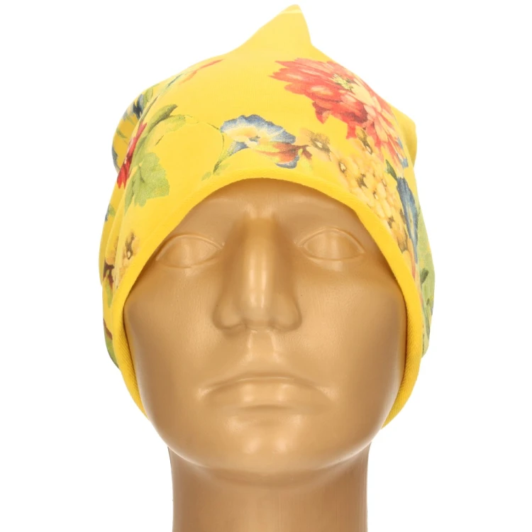 Czapka damska Beanie włoska cienka smerfetka żółta w kolorowe kwiaty