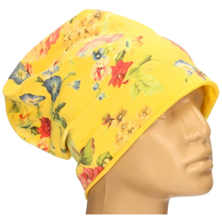 Czapka damska Beanie włoska cienka smerfetka żółta w kolorowe kwiaty