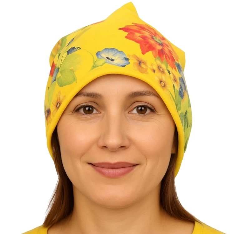 Czapka damska Beanie włoska cienka smerfetka żółta w kolorowe kwiaty