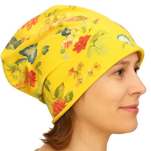 Czapka damska Beanie włoska cienka smerfetka żółta w kolorowe kwiaty