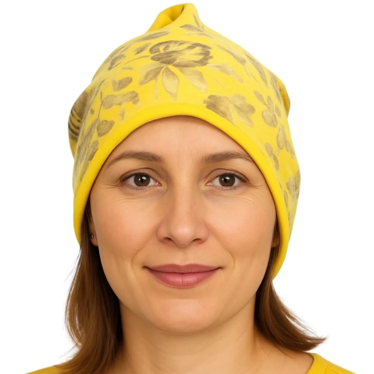 Czapka damska Beanie włoska cienka smerfetka żółta w kwiaty