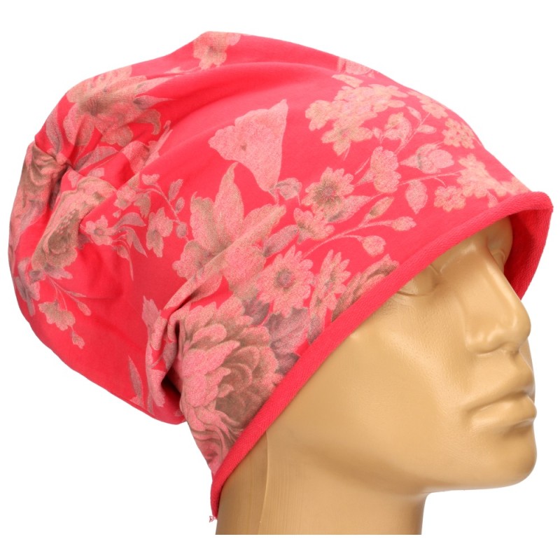 Czapka damska Beanie włoska cienka smerfetka różowa w kwiaty