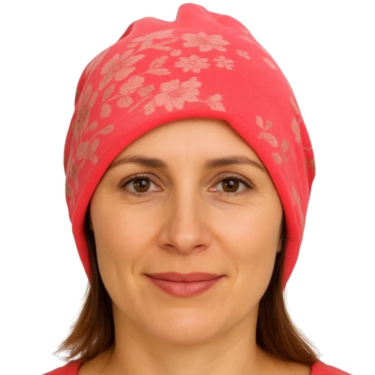 Czapka damska Beanie włoska cienka smerfetka różowa w kwiaty