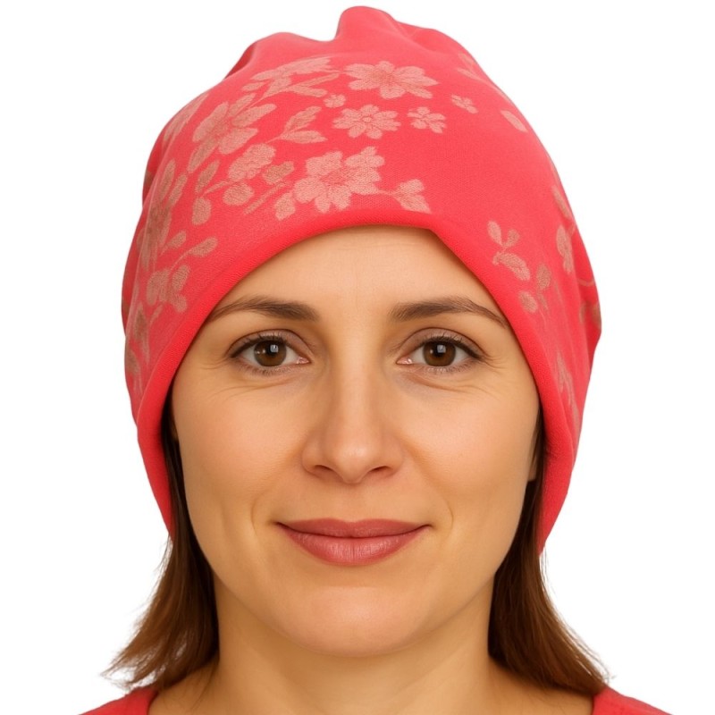 Czapka damska Beanie włoska cienka smerfetka różowa w kwiaty