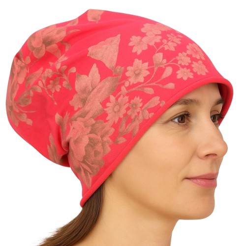 Czapka damska Beanie włoska cienka smerfetka różowa w kwiaty